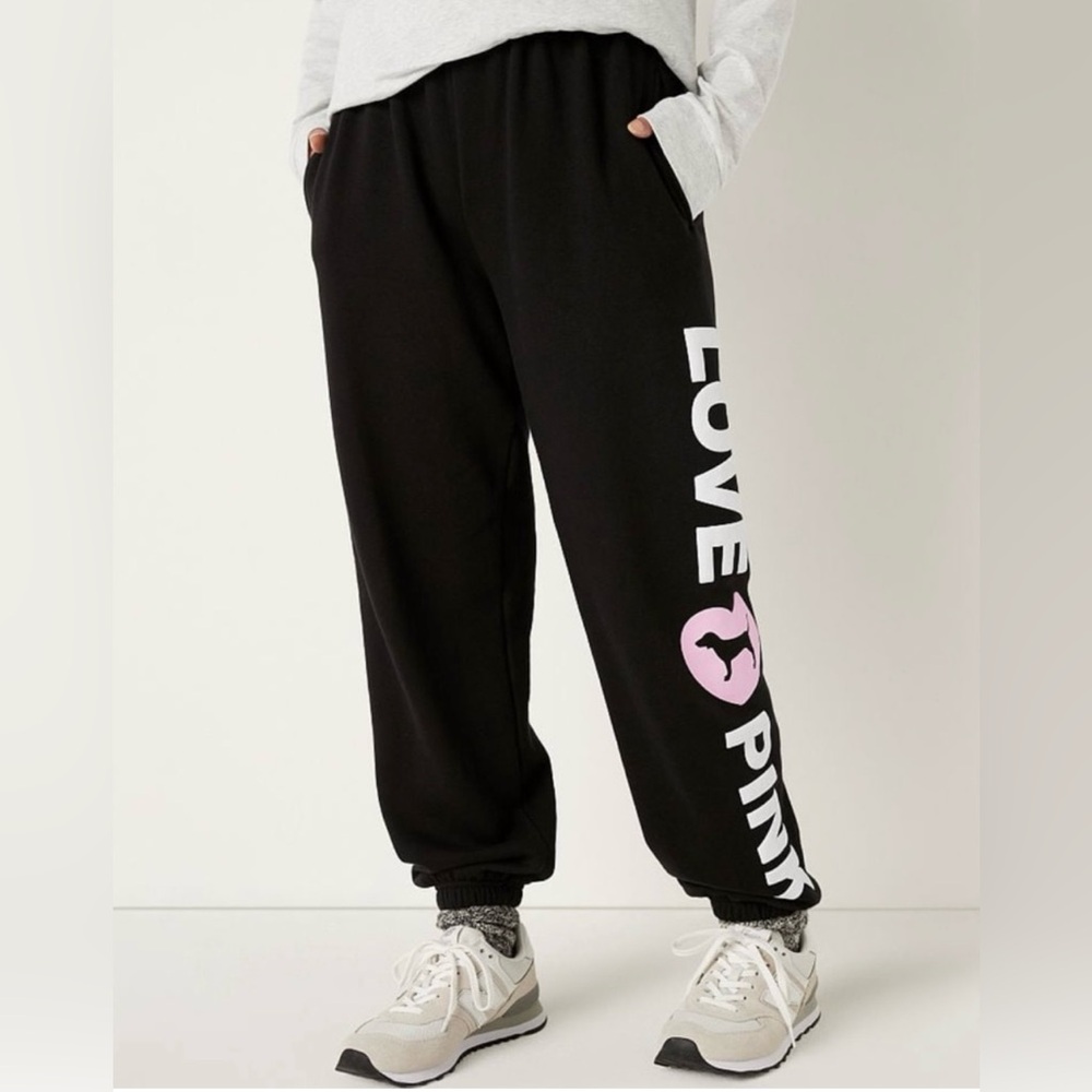 NWT Victorias Secret PINK black fleece baggy campus pant size Large